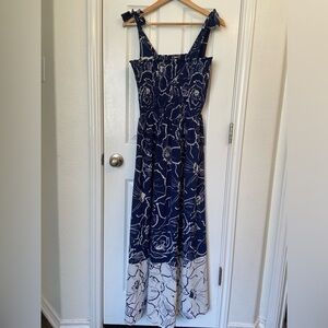 Roz & Ali blue and white Floral Tor Shoulder Bow Maxi Dress Size 10